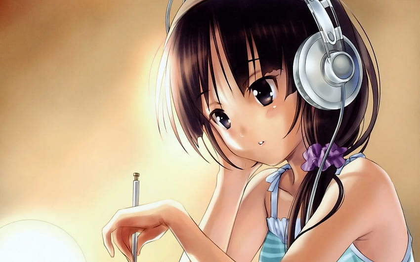 Female anime character with black hair and gray headphones , Girl with Headphones HD wallpaper