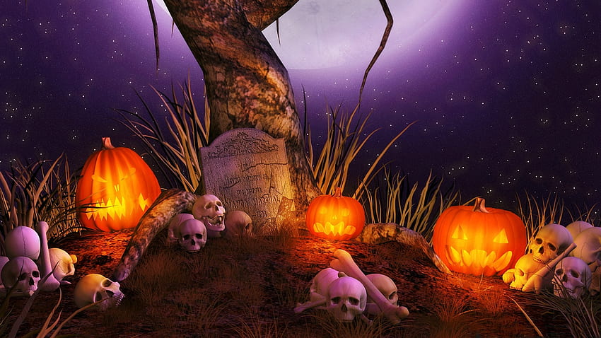Halloween-Nacht, Grabstein, Knochen, Herbst, Sterne, Herbst, Baum, Schädel, Kürbisse, Grabstein, Mond, Kürbislaternen, Halloween HD-Hintergrundbild