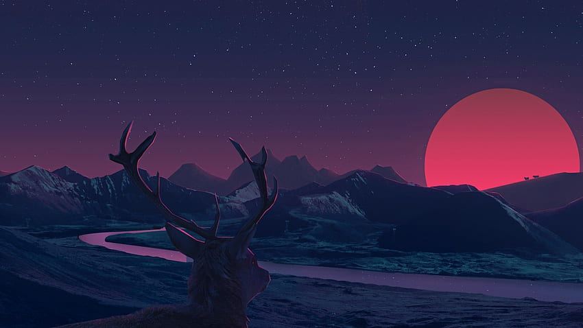 Flache Landschaft, Hirsch, Roter Mond, Digitale Kunst für iMac 27 Zoll, 2560 x 1440 Künstlerisch HD-Hintergrundbild