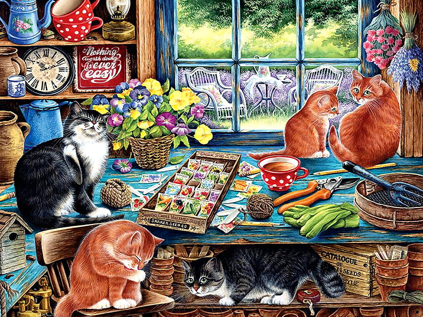 Cat's Retreat F1, animal, janela, arte, gatos, felino, bonita, retiro, obra de arte, tela larga, pintura, animais de estimação papel de parede HD