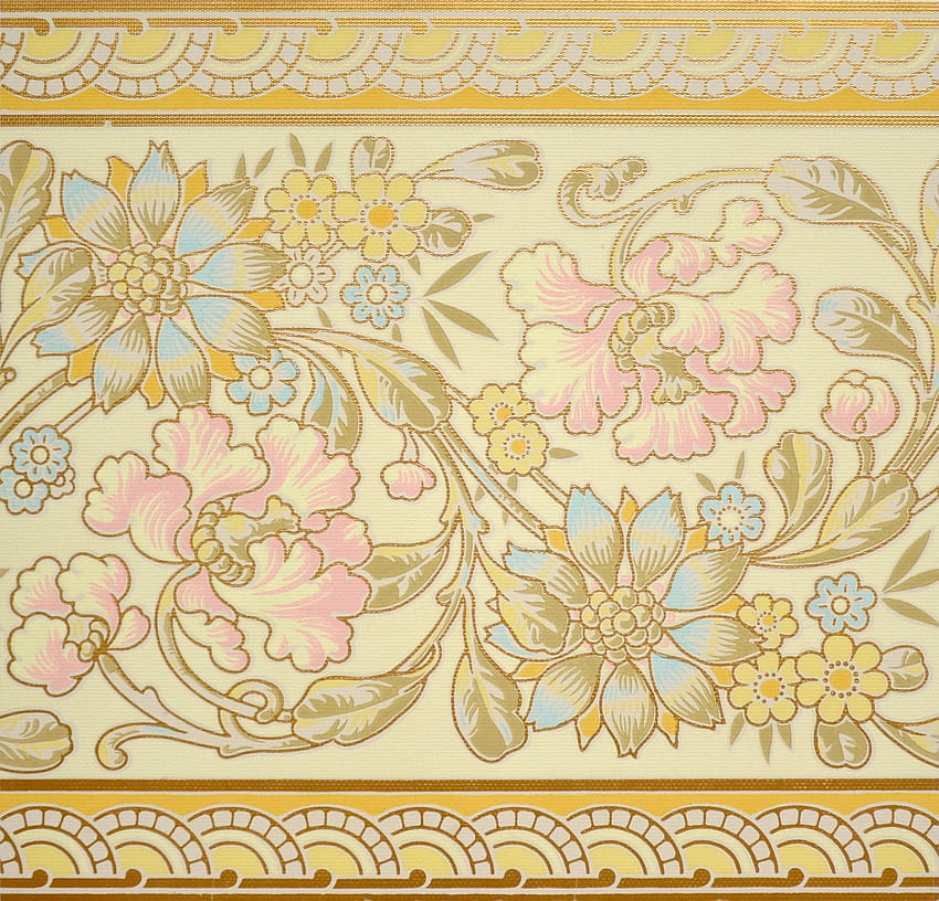 Large Pink Blue Floral With Gilt Border - Mounted Antique Pa - Bolling & Company, Blue Flower Border HD wallpaper