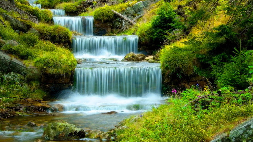 River-with-cascading-waterfall, 그래피티, 계단식, 자연, 폭포, 물, 아름다움 HD 월페이퍼
