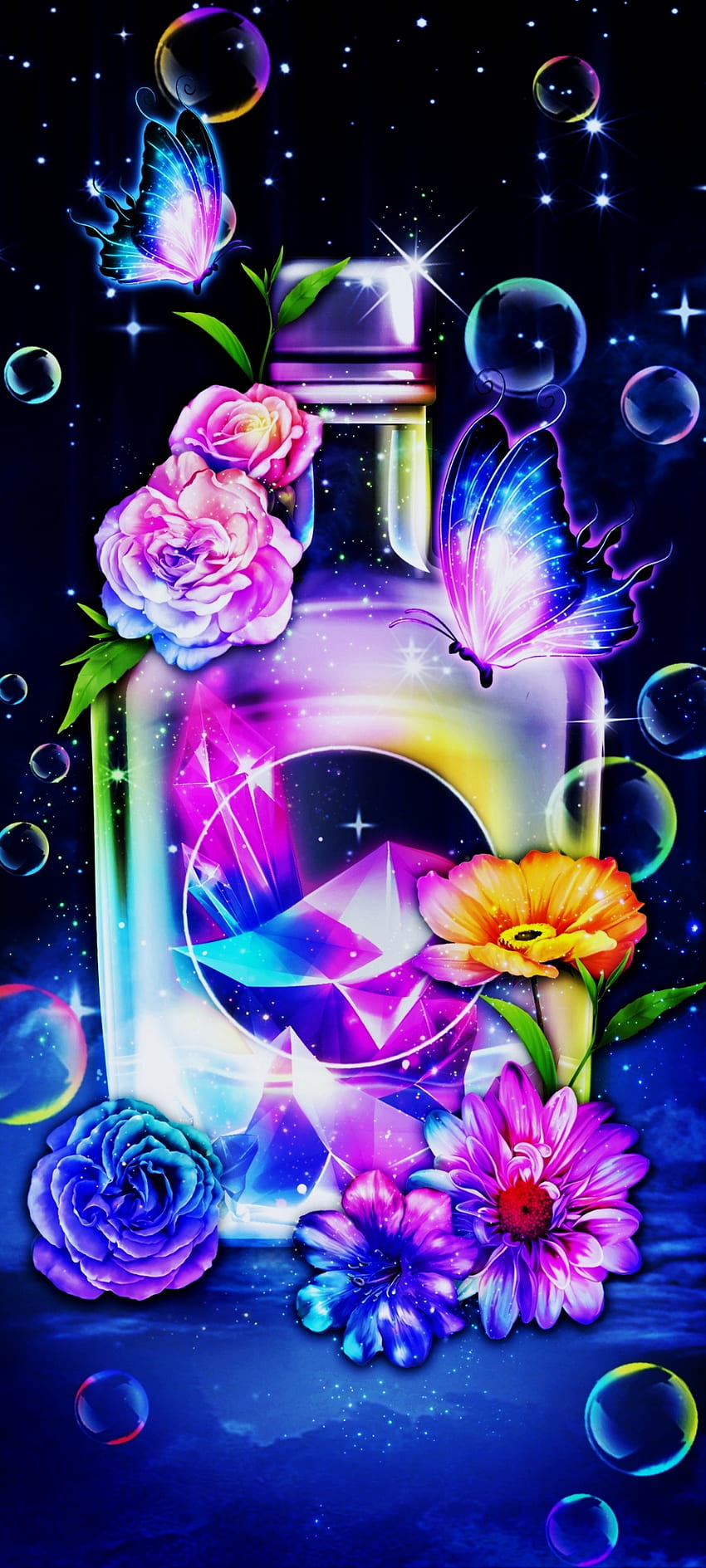 Shining Terrarium, electric blue, art, butterfly, dark, colorful, flower HD phone wallpaper