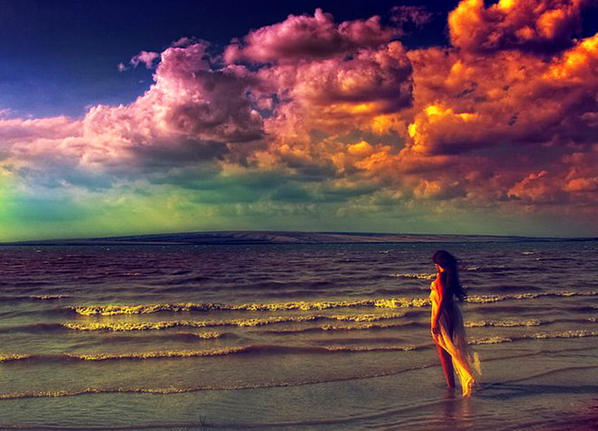 Di pantai, laut, langit, perempuan, pantai Wallpaper HD