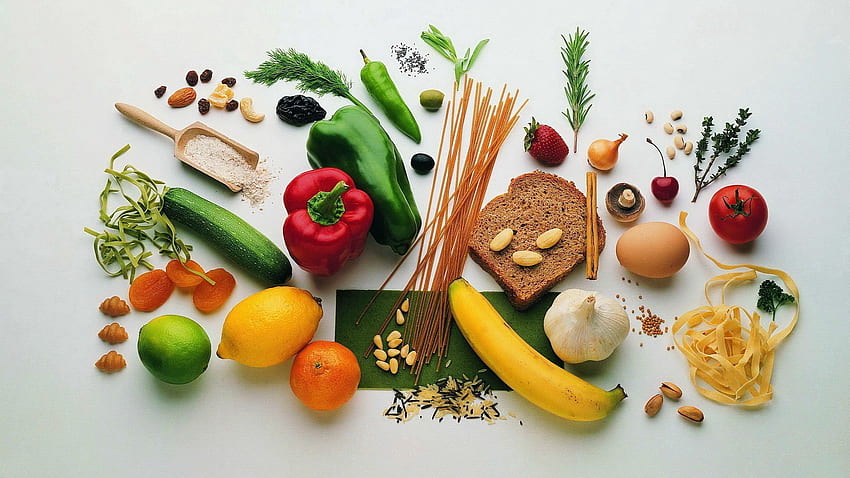 Obst, Lebensmittel, Gemüse, Nüsse, Vitamine, Brot, Getreide HD-Hintergrundbild