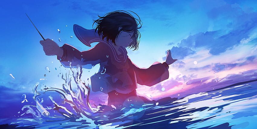 Anime Girl, Ocean, Swimming, Closed Eyes, Water Splash, Sunset, Bokeh, Ocean Girl Anime HD wallpaper