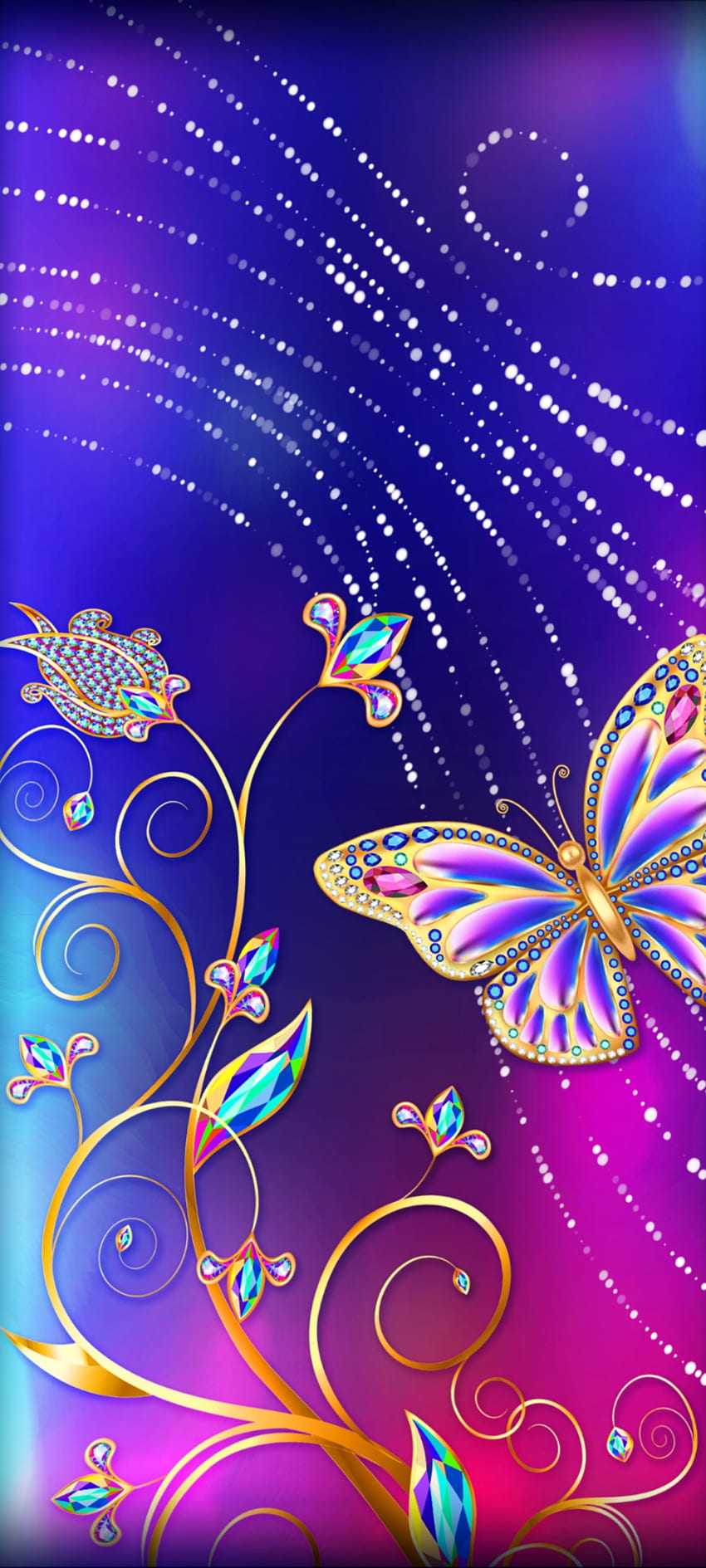 Purple Jewel Butterfly, hermoso, azul eléctrico, arte, diamante, Lujo, fantástico, Dorado fondo de pantalla del teléfono