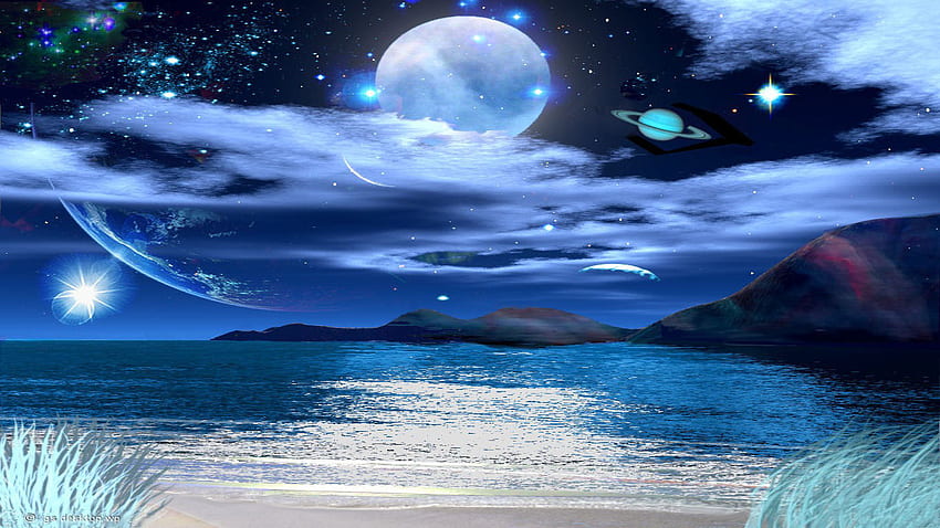 From a New Planet, sea, oceans, planets, art, colours, stars, land, beach, digital, 3d, new-planet, clouds, space, nature, sky, ocean HD wallpaper