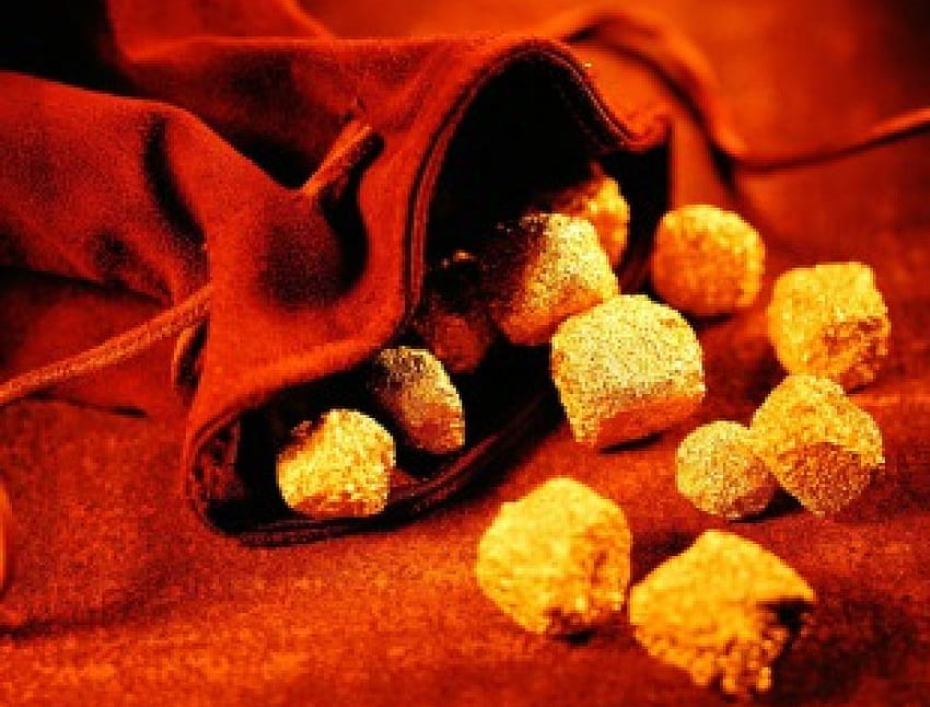Кадифе и златни късове, червена кадифена чанта, пари, златни късове HD тапет