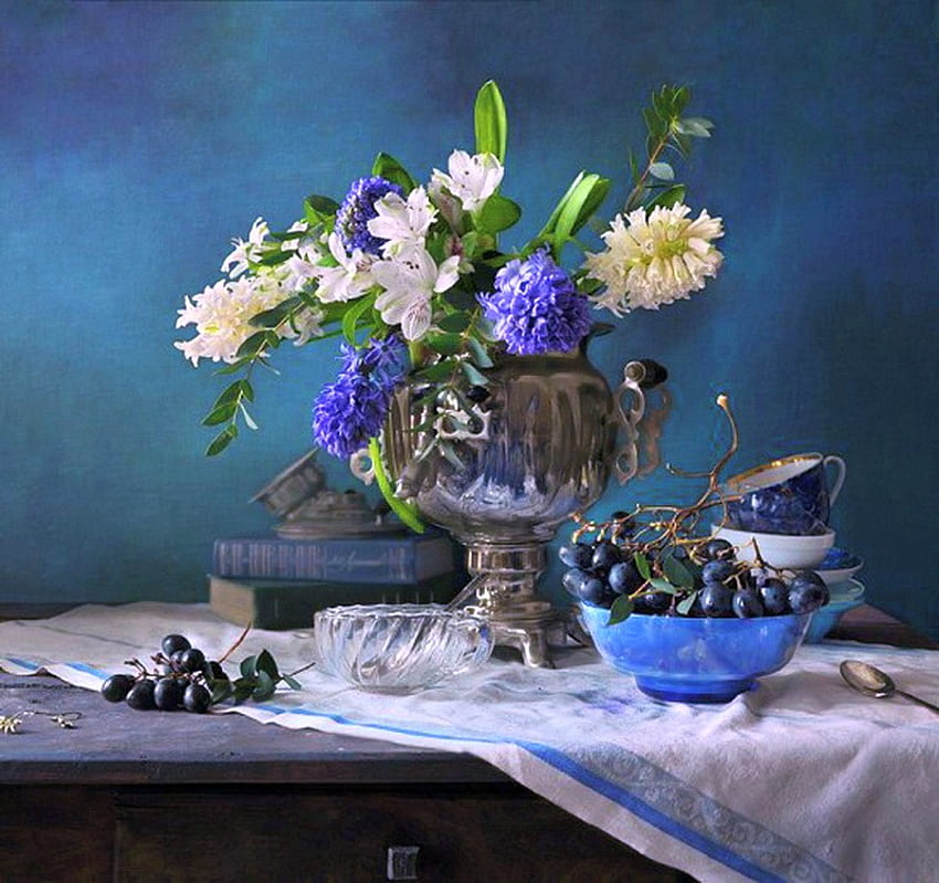 Flores e frutas, azul, mesa, branco, vaso, frutas, flores, pano papel de parede HD