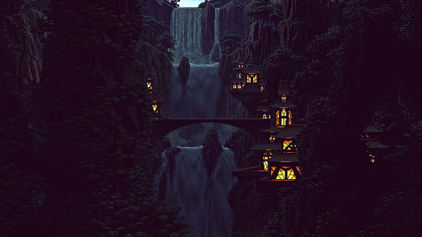 Digital Art Pixel Pixels 8 Bit Nature Waterfall Trees - Pixel Art 32 Bit HD wallpaper