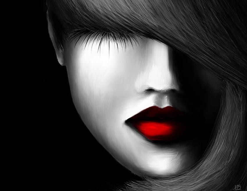 Рубинени целувки, бяло, черно, червено, лице, устни, коса, жена, нос HD тапет