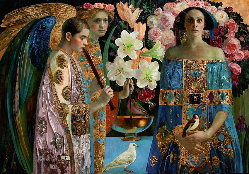 :)、オルガ・スボーロフ、人、女性、翼、アート、男性、天使、女の子、絵、花、絵 高画質の壁紙