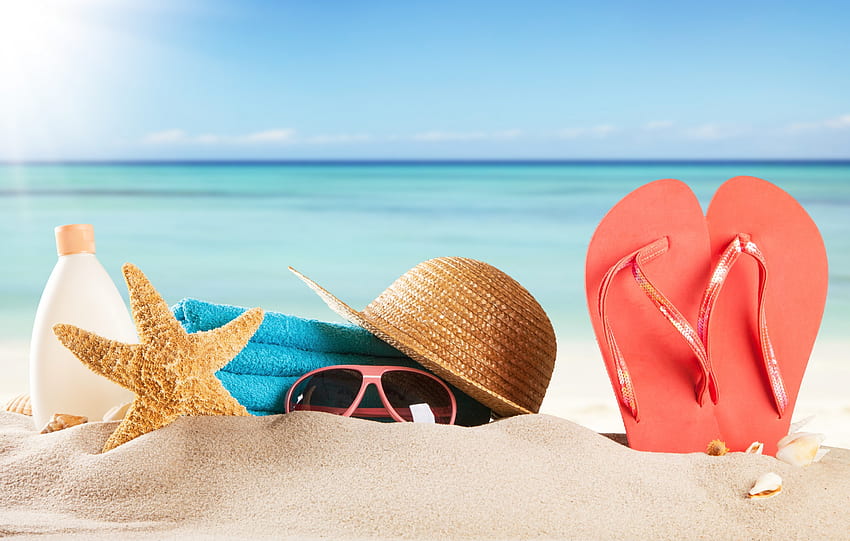 Vacanze estive, mare, estate, accessori, sabbia, vacanza, spiaggia Sfondo HD