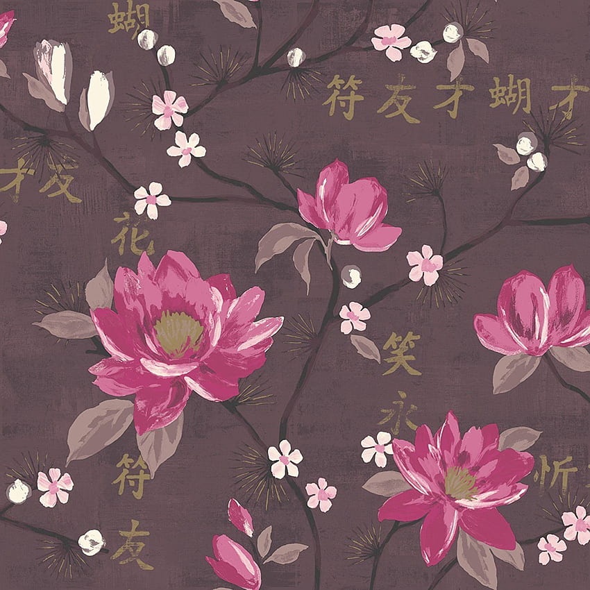 Цвете Oriental Floral Kaori Plum Pink Gold Paste The Wall HD тапет за телефон
