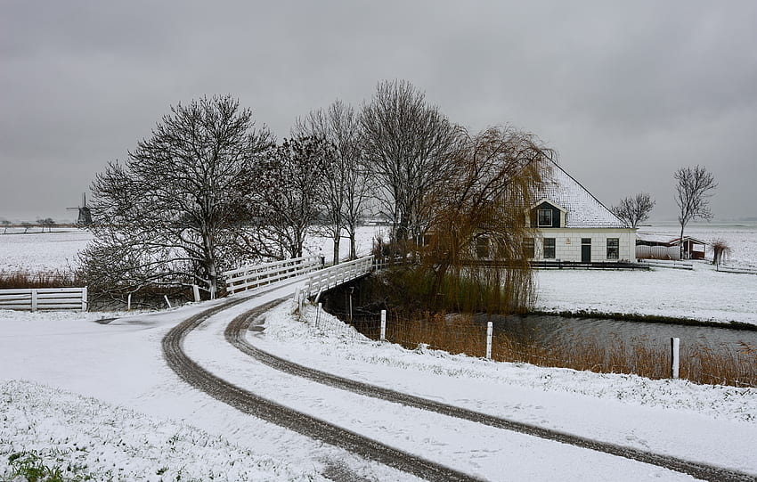 Casa in inverno, inverno, fiume, neve, casa, alberi, ponte, natura, Olanda Sfondo HD