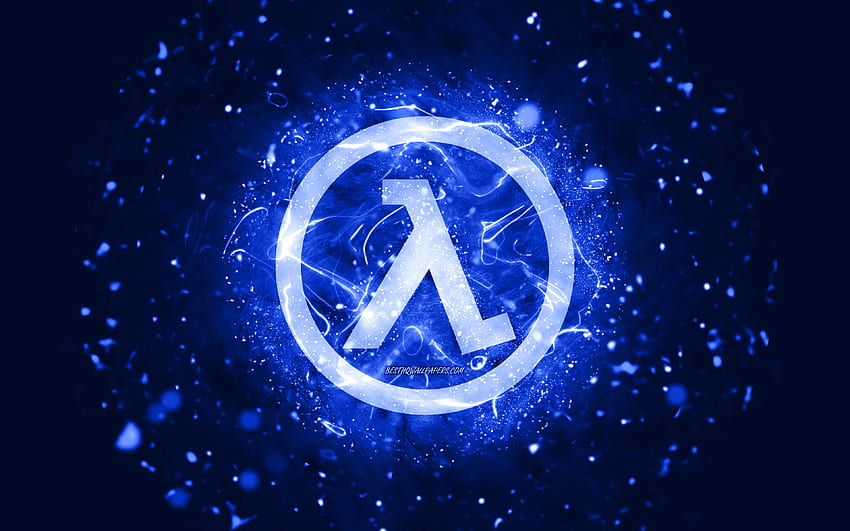 Half-Life 짙은 파란색 로고, 짙은 파란색 네온 불빛, 창의적이고 진한 파란색 추상 배경, Half-Life 로고, 게임 로고, Half-Life HD 월페이퍼