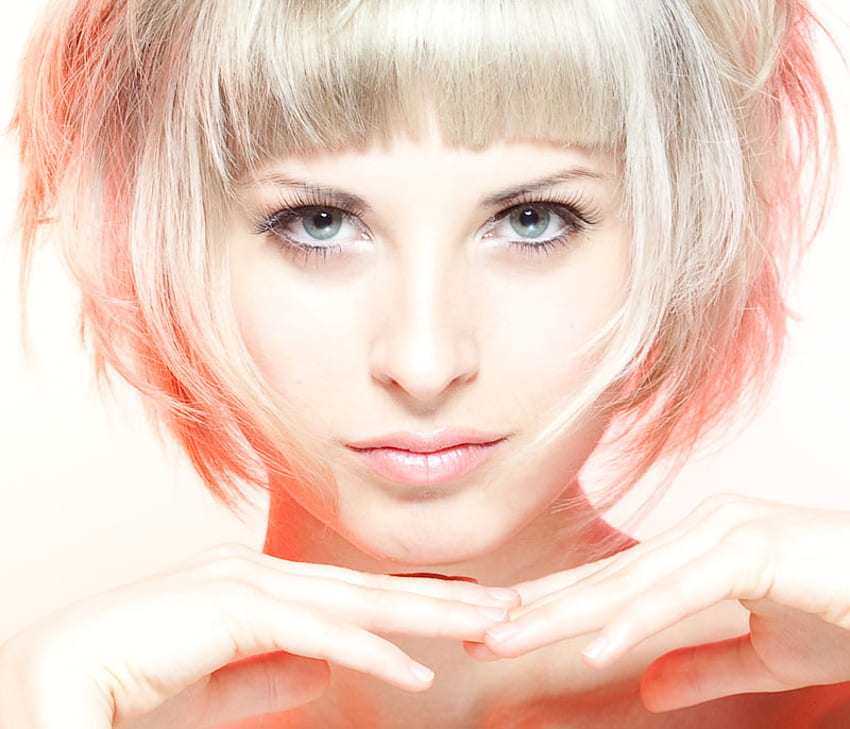 Flamingo, pink, lady, gorgeous, eyes, hands, look, hair HD wallpaper