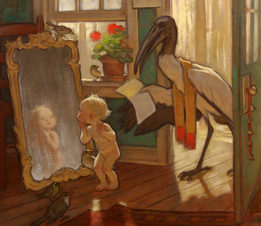 Look What The Stork Brought Home, looking, mirror, letter, stork, child HD wallpaper
