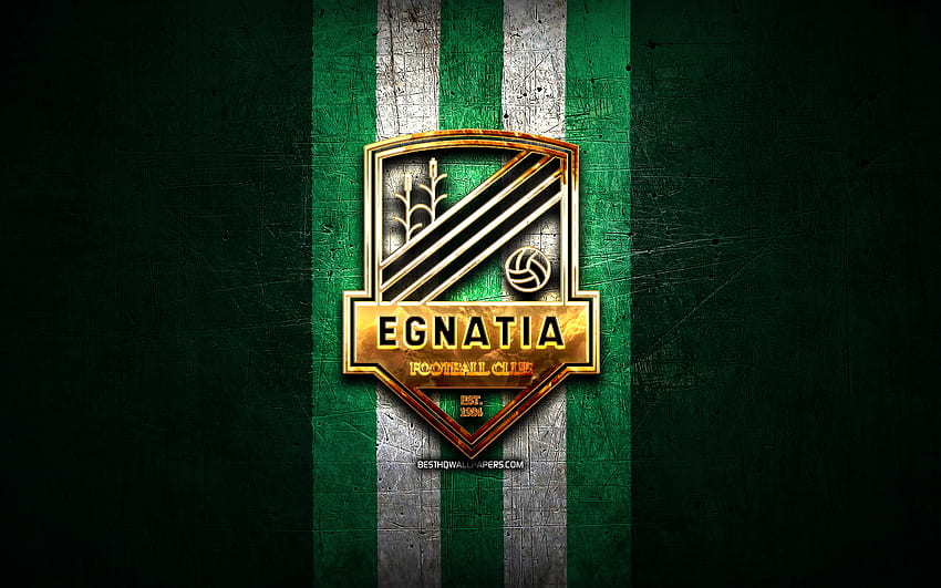 Egnatia FC, golden logo, Kategoria Superiore, green metal background, football, Albanian football club, FK Egnatia logo, soccer, FK Egnatia HD wallpaper