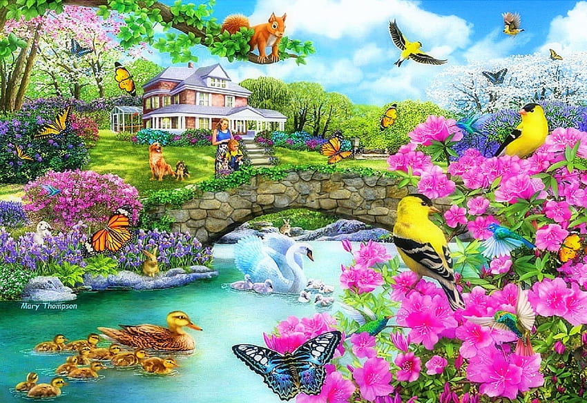 Traverser la passerelle, papillons, rivière, numérique, oiseaux, art, fleurs, pont de pierre, fleurs, chalet Fond d'écran HD