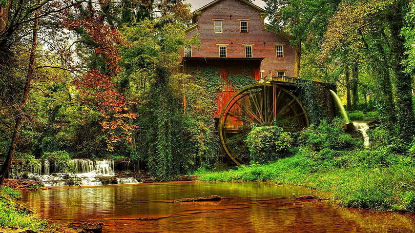 velho moinho florestal com uma roda gigante, cai, rio, roda, moinho, floresta papel de parede HD