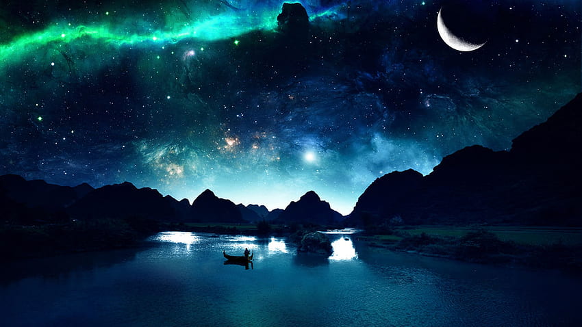 Under the night sky, stars, sky, mountains, lake, boat, blue, galaxy, man, digital, moon, space, water HD wallpaper