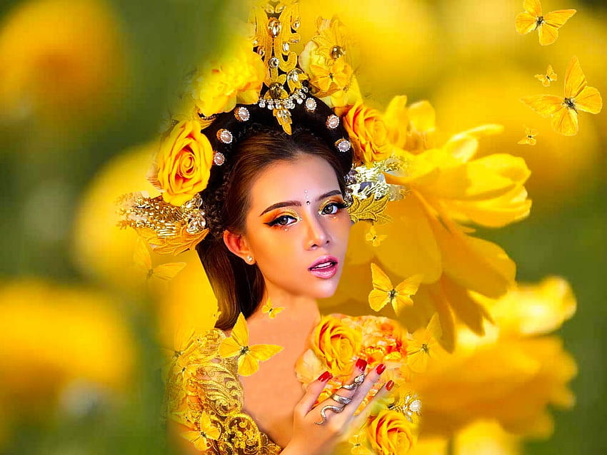 Delicate Yellow, colorful, vibrant, roses, beautiful, girl, crown, butterflies, vivid, green, yellow, bright, bold, flowers, lovely HD wallpaper