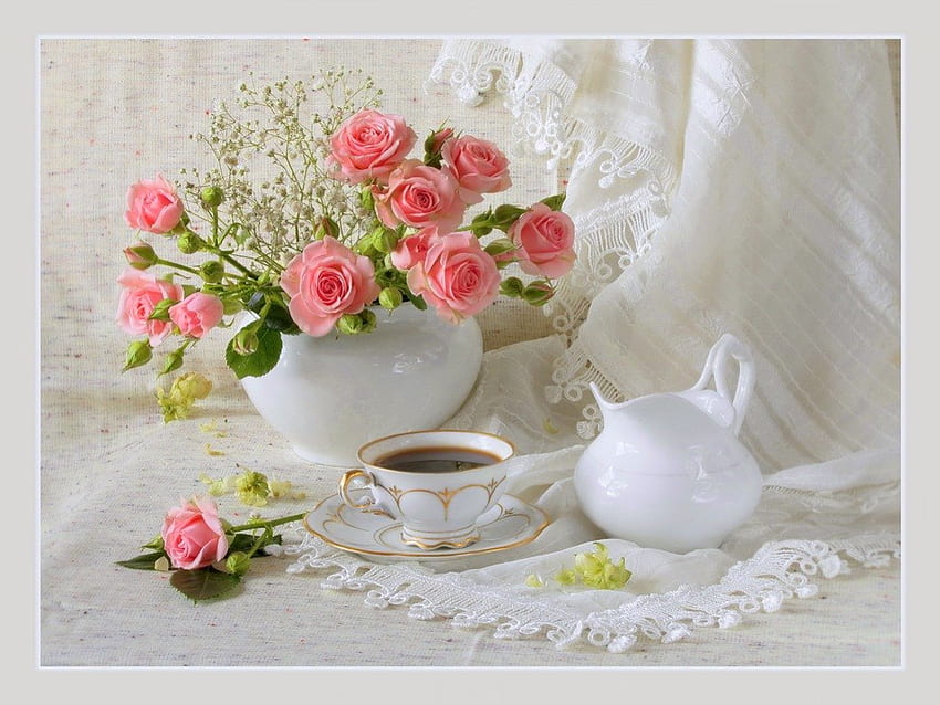 For friends, pink, white, tea, roses, lace, beauty HD wallpaper