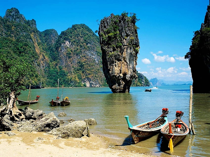 Alam, Laut, Pantai, Perahu, Tropis, Thailand Wallpaper HD