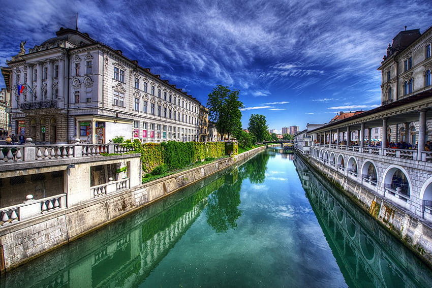 Ljubljana Slovenia Canal Sky Cities Houses Wallpaper HD