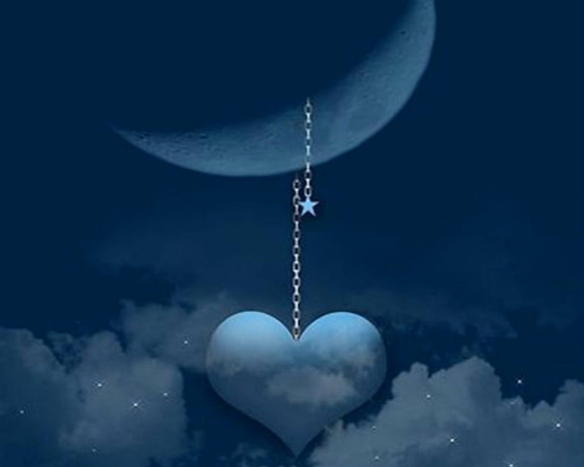 Висящо сърце, небе, сърце, луна, любов HD тапет