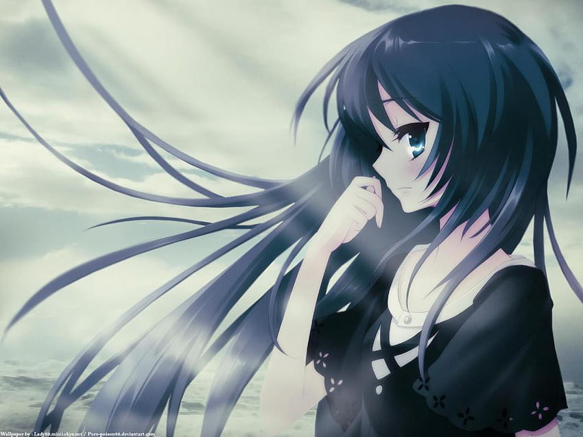 Blue Eye Girl, tagsüber, süßes Anime-Mädchen, animiert, epischer Anime, blaue Haare, schön, Anime-Mädchen, schwarzes Kleid, Anime, hübsches Mädchen, weiblich HD-Hintergrundbild
