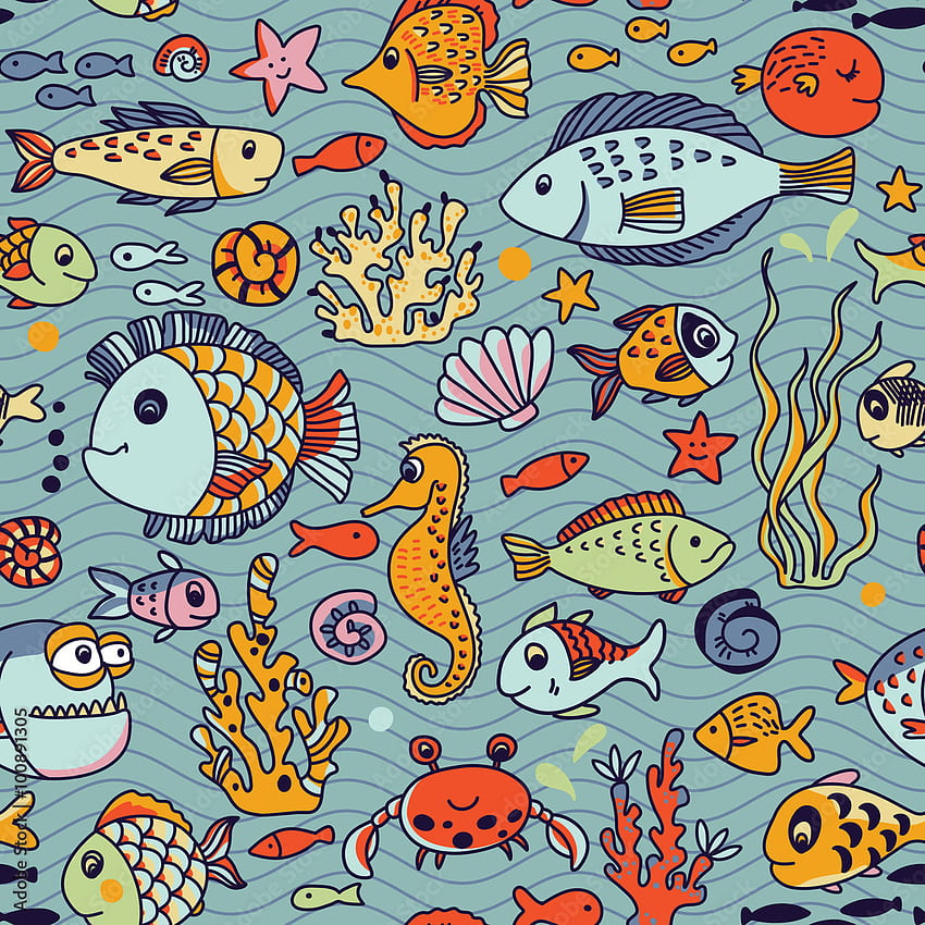 Nahtloses Unterwassermuster der Karikatur mit Krabben, Fischen, Seepferdchen, Korallen und anderen Meereselementen. Nahtloses Muster kann für , Webseitenhintergrund Stock Vector, Underwater Cartoon verwendet werden HD-Handy-Hintergrundbild