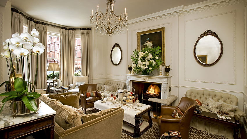 Flowers, Interior, , , Beautiful, Design, Room, Fireplace, Chandelier, Modernity HD wallpaper