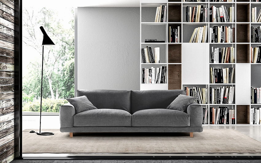 nowoczesne stylowe wnętrze, salon w stylu loftu, duży regał z książkami, domowa biblioteka, szara sofa, nowoczesny wystrój wnętrz z rozdzielczością. Wysoka jakość Tapeta HD