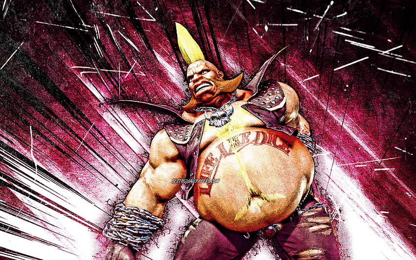 Birdie, grunge art, warriors, Street Fighter, protagonist, purple abstract rays, Birdie Street Fighter HD wallpaper