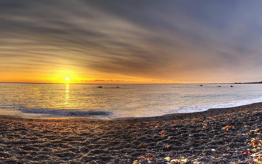 sunset on pebble beach r, sea, pebbles, r, sunset, beach HD wallpaper