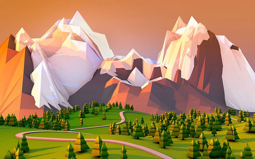 รูปหลายเหลี่ยม ศิลปะ นามธรรม ภูเขา ต้นไม้ ภูมิทัศน์ เส้นทาง นามธรรม โพลีต่ำ วอลล์เปเปอร์ HD