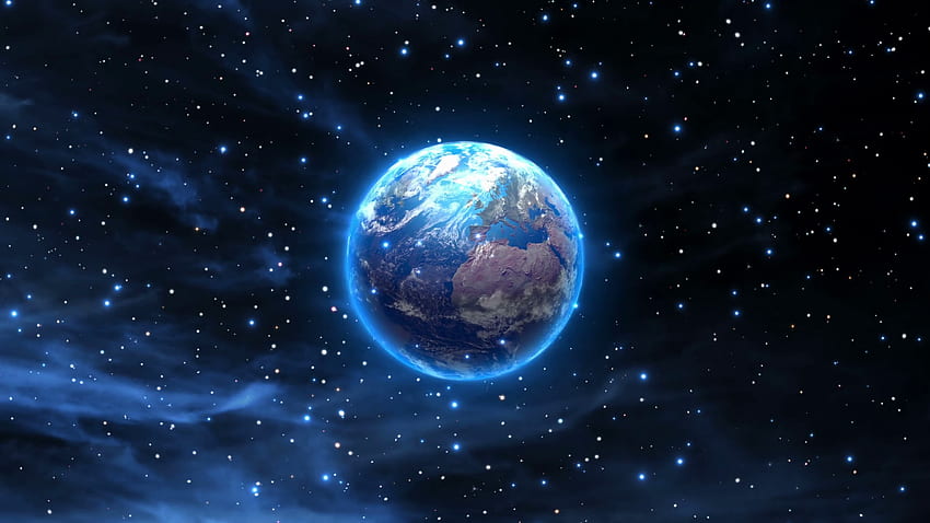 Marzycielska ziemia z jasnoniebieską aurą i świecącym wirowaniem w kosmosie. Kosmiczne Fantasy Płynne Zapętlenie Ruchu Tło. DCI Ultra. Pełne Tło Ruchu, Świecąca Ziemia Tapeta HD