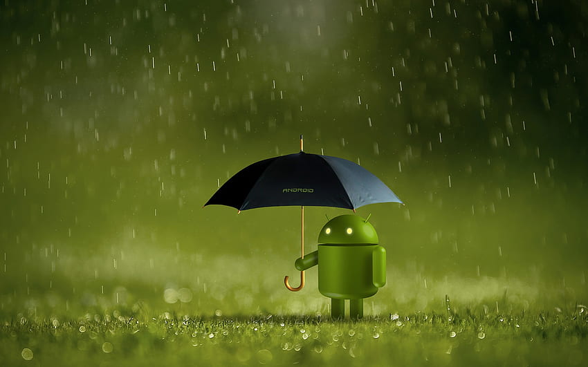 Android-Logo, Android-Roboter, Regenschirm, Regen, Grün, Technologie, Android-Logo HD-Hintergrundbild