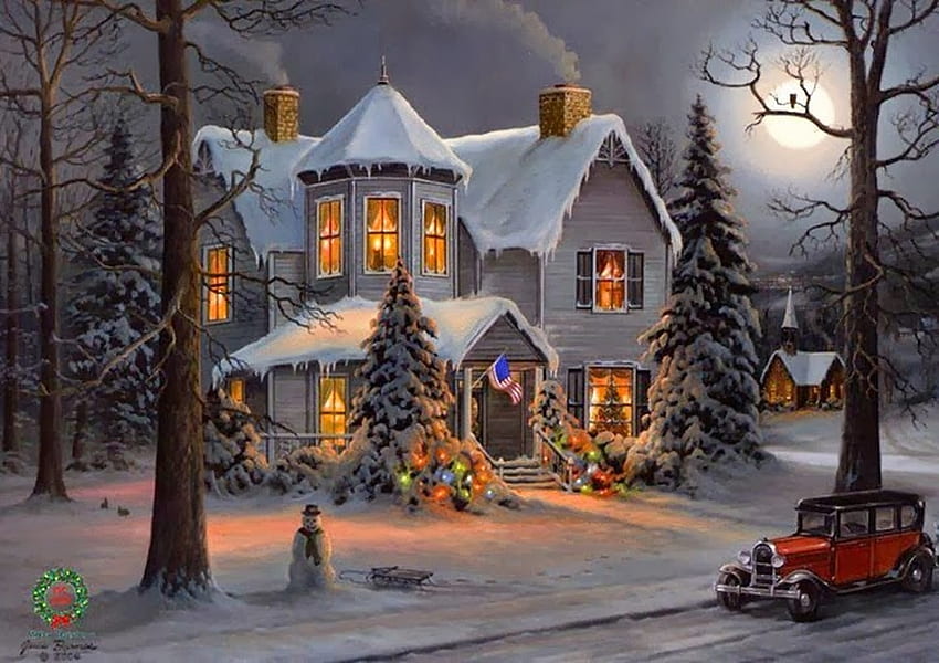 Boże Narodzenie w zimie, Zima, Dom, Samochód, Boże Narodzenie, Śnieg, Księżyc, Drzewa, Noc Tapeta HD