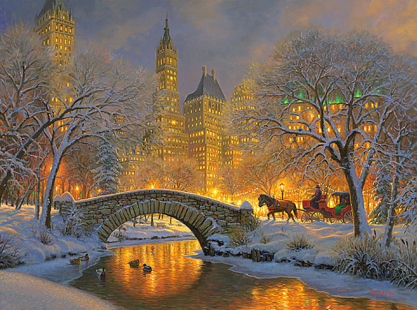 ★Carriage Park★, winter, holidays, horse carriage, winter holidays, colors, parks, skyscrapers, snow, architecture, cities, attractions in dreams, paintings, beautiful, love four seasons, Christmas, bridges, xmas and new year, lovely HD wallpaper