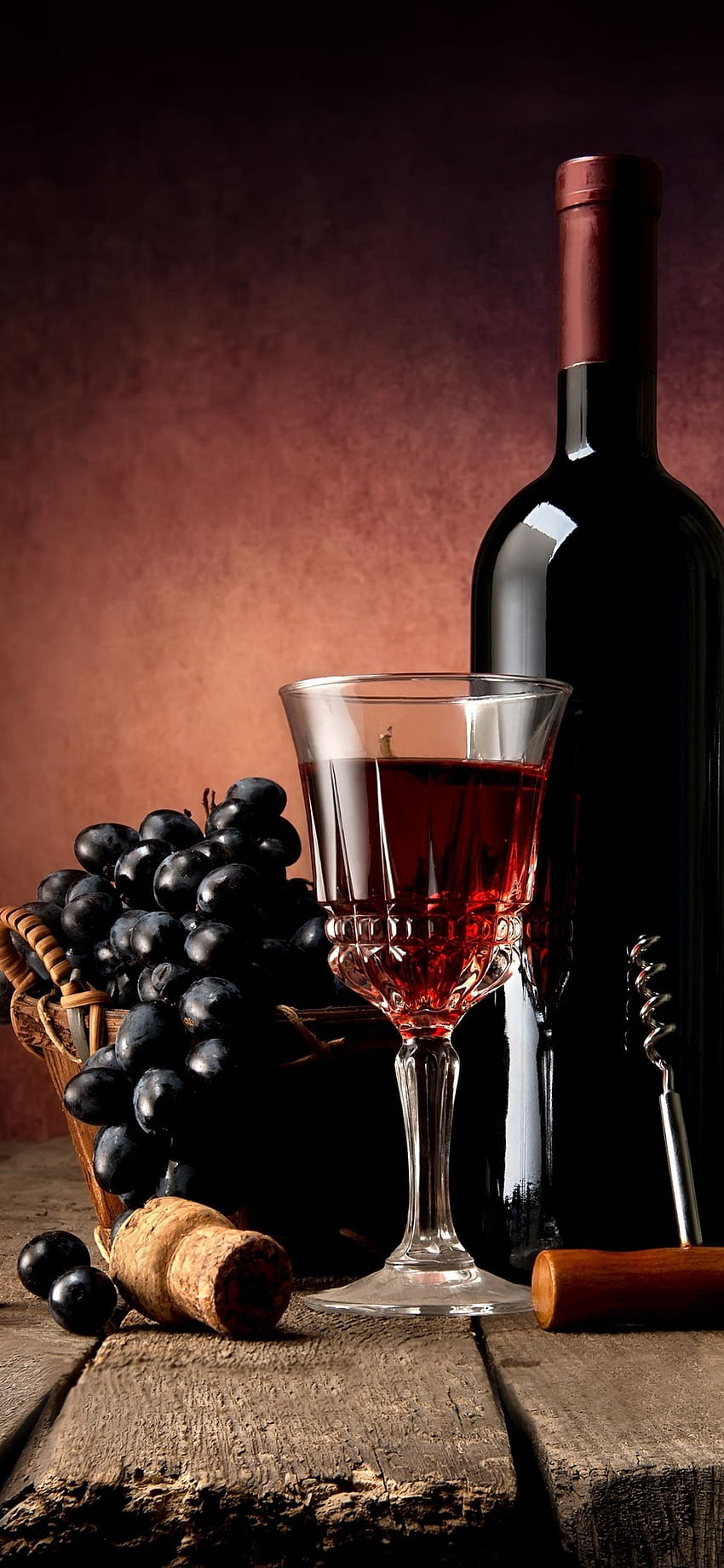Vin rouge, raisins, bouteille, coupe en verre U Fond d'écran de téléphone HD