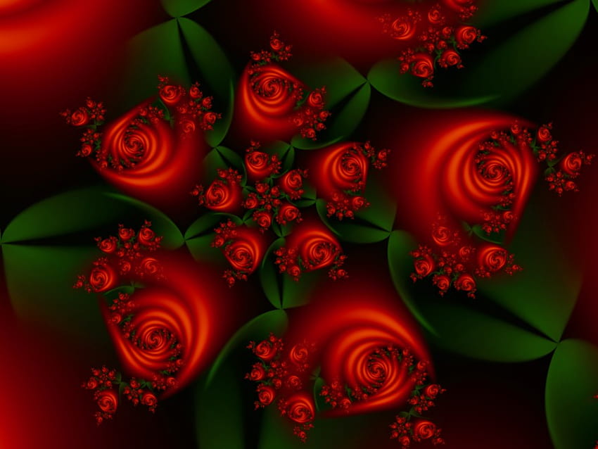Червени червени рози, листа, рози, зелено, червено, фрактал HD тапет