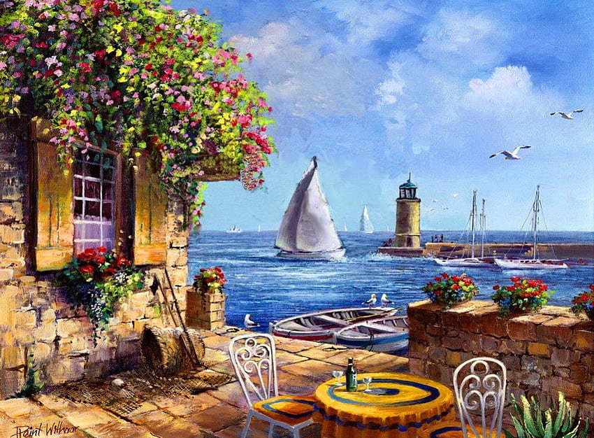 A peaceful place, blue, place, peaceful, serenity, nice, sailboats, quiet, painting, boats, water, table, sea, art, house, villa, beautiful, lake, silence, stones, summer, rest, breeze, pretty, view, nature, waters, sky, flowers, cottage, lovely, calmness, drink HD wallpaper