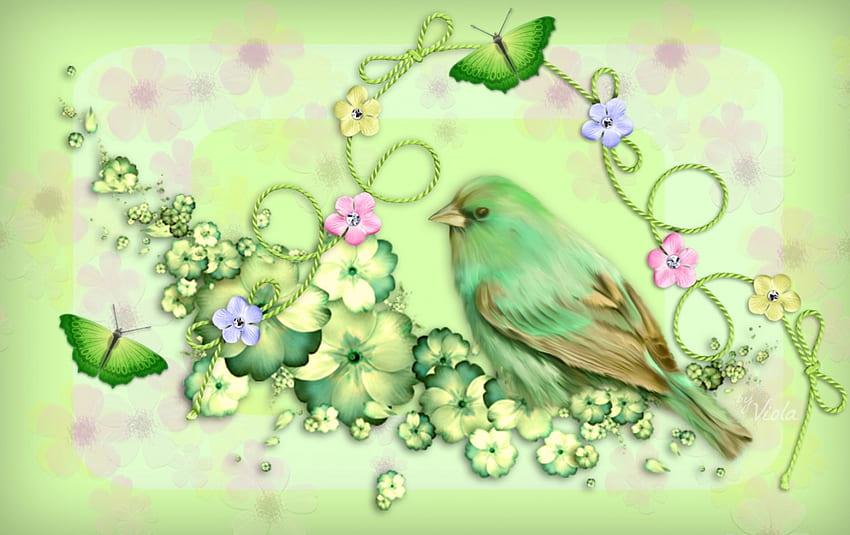 Green Spring Bird, zwierzę, projekt, ptak, zielony ptak, sztuka, wstążka, wiosna, lato, motyle, fantazja, zielony, kwiaty, Viola Tricolor, kokarda Tapeta HD