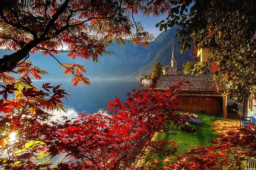 Hallstatt jesienią, rzeka, wzgórza, miasto, upadek, piękny, góra, jezioro, mgła, Hallstatt, gałęzie, drzewa, Austria, jesień Tapeta HD
