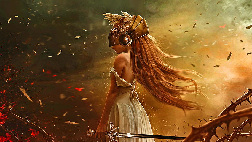 Barreras, mujer, espada, fantasía, fuego. fondo de pantalla