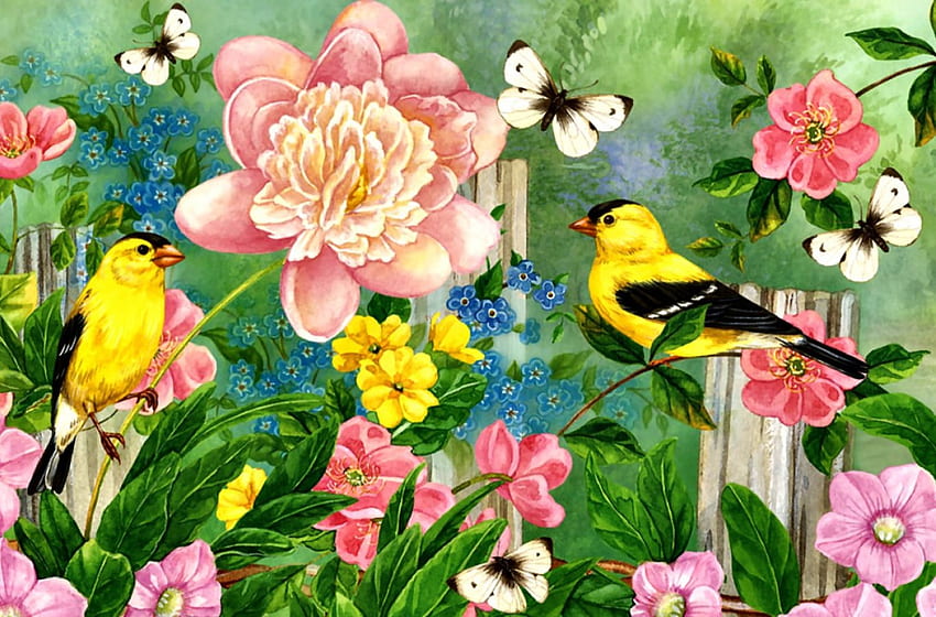 Spring Garden F2Cmp, 動物, 鳥, 牡丹, アート, 鳥類, アートワーク, ワイド スクリーン, 野生動物, 絵画, 蝶, ゴシキヒワ, 花 高画質の壁紙